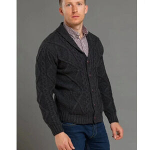 NWOT  Aran Crafts Men’s Shawl Charcoal Cardigan 100% Merino Wool L